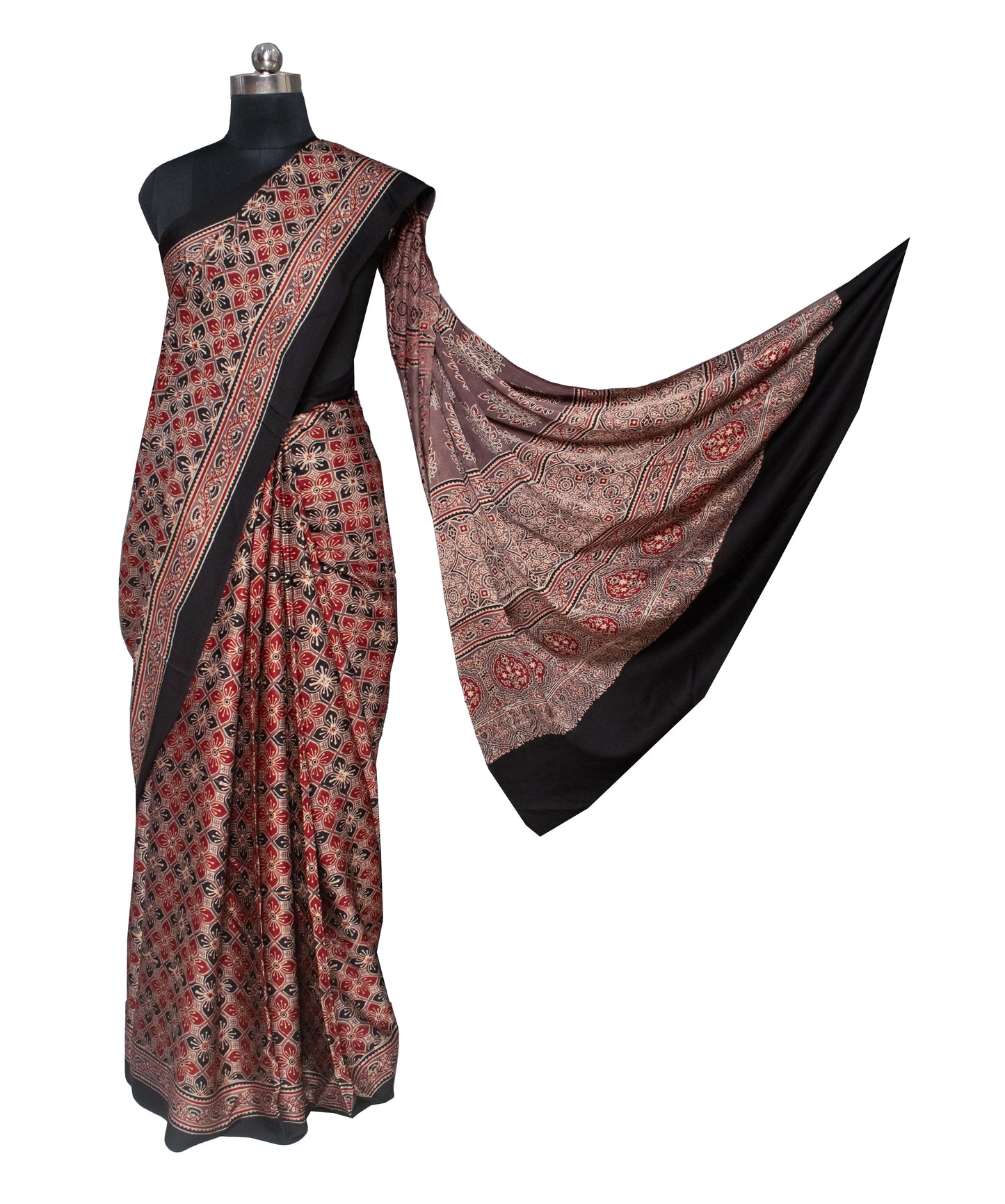 Ajrakh Modal Silk Natural Dye Hand Block Print Saree with Blouse Piece - 5.5 Mtr Length   -  SKU : AI1880AF