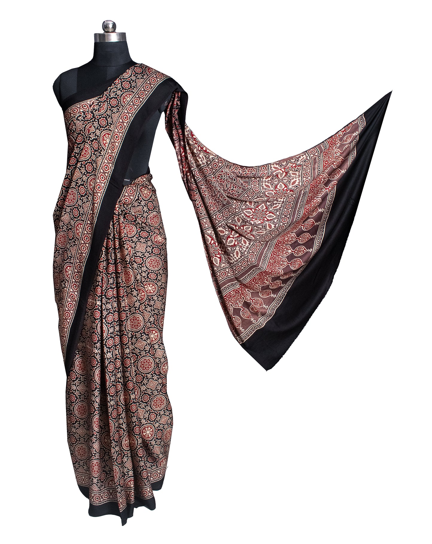 Ajrakh Modal Silk Natural Dye Hand Block Print Saree with Blouse Piece - 5.5 Mtr Length   -  SKU : AI1880AK