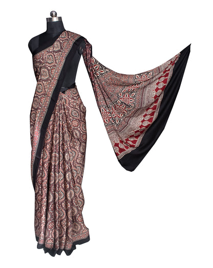 Ajrakh Modal Silk Natural Dye Hand Block Print Saree with Blouse Piece - 5.5 Mtr Length   -  SKU : AI1880AP