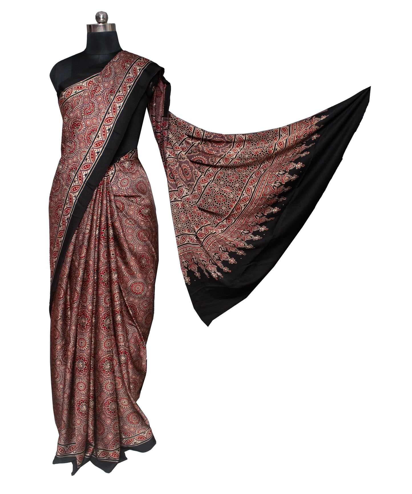 Ajrakh Modal Silk Natural Dye Hand Block Print Saree 5.5 Mtr Length + 0.85 Mtr Blouse Piece    -  SKU : ID24601M