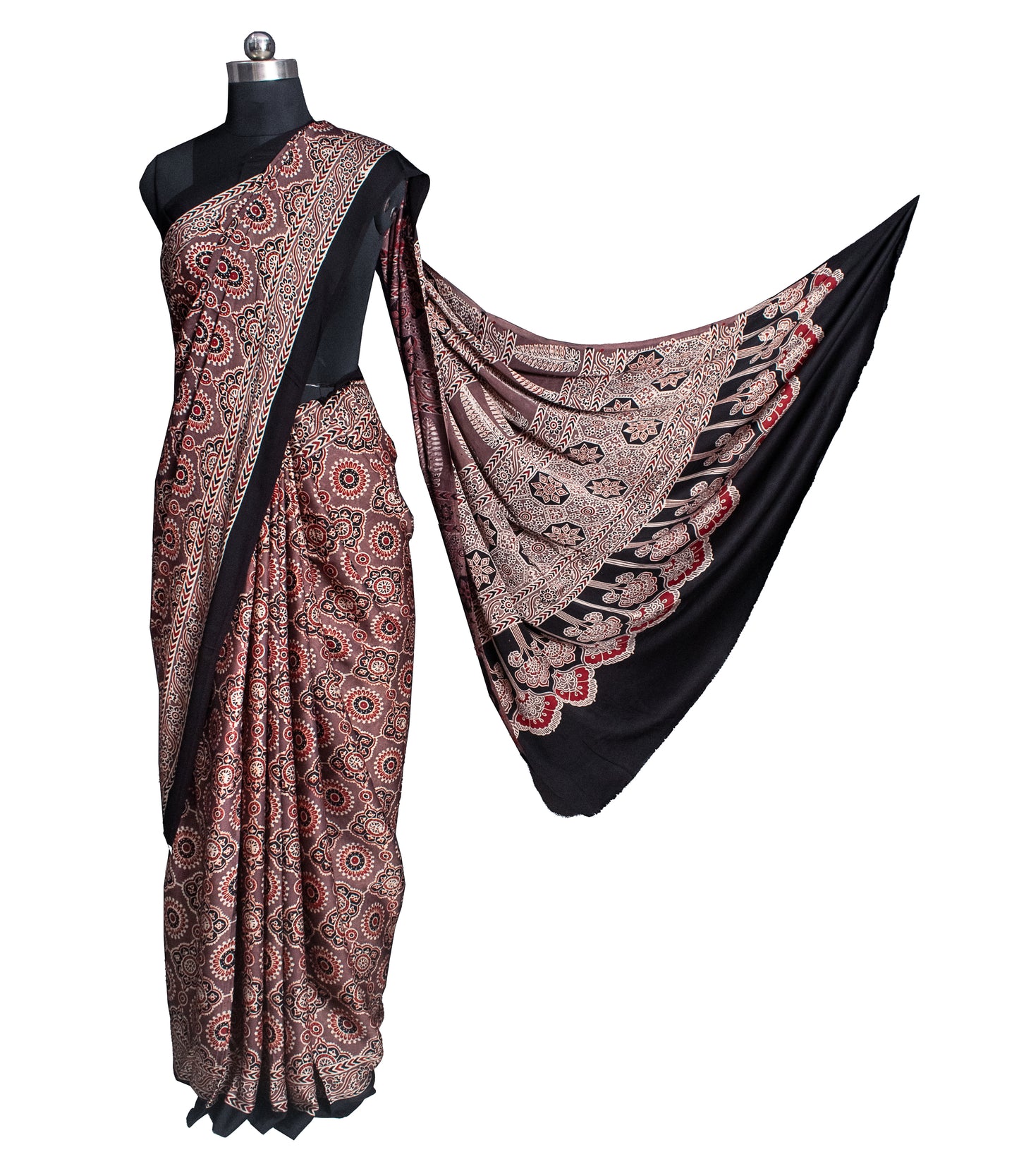 Ajrakh Modal Silk Natural Dye Hand Block Print Saree 5.5 Mtr Length + 0.85 Mtr Blouse Piece    -  SKU : ID2460AK