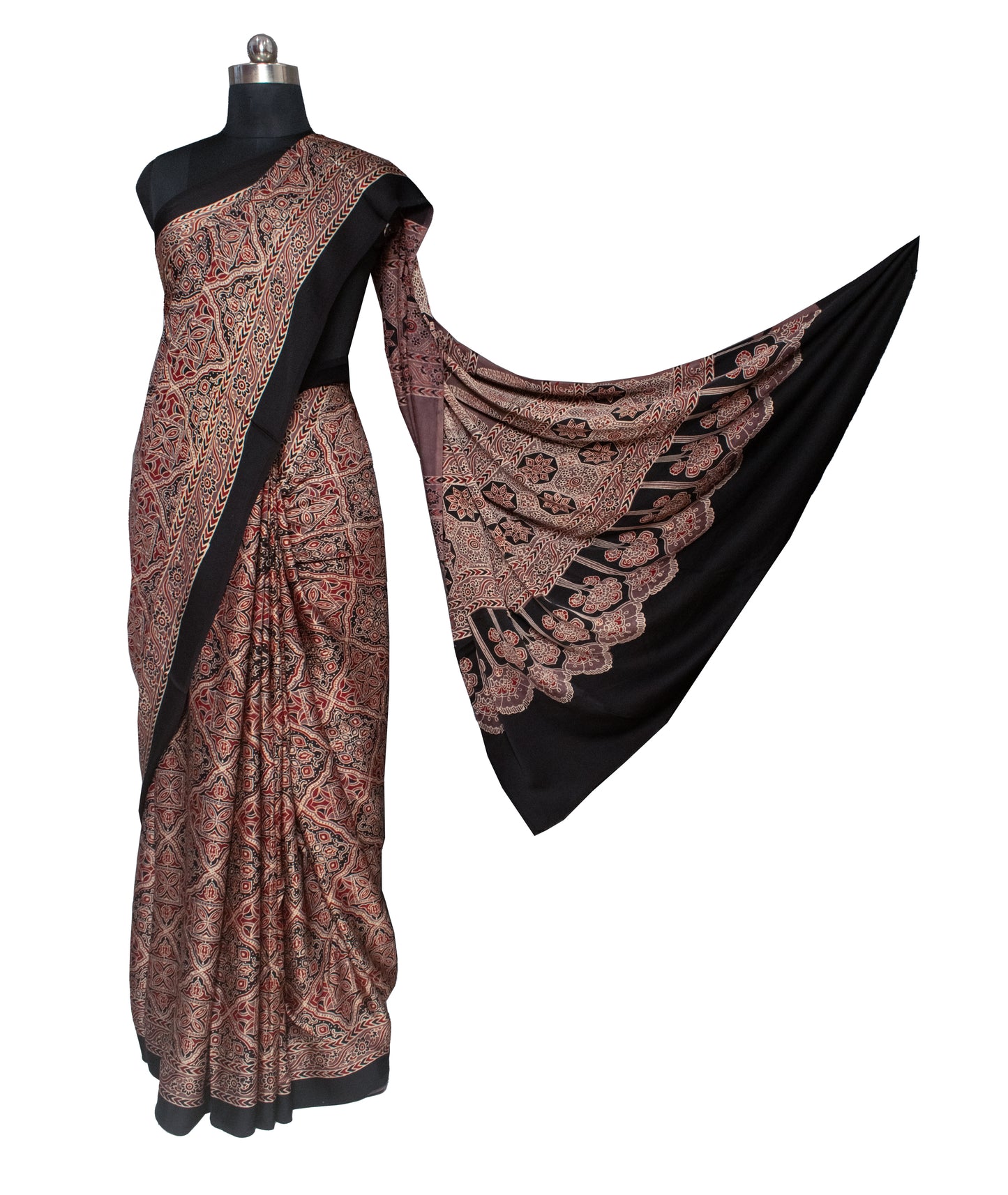 Ajrakh Modal Silk Natural Dye Hand Block Print Saree 5.5 Mtr Length + 0.85 Mtr Blouse Piece    -  SKU : ID2460AQ