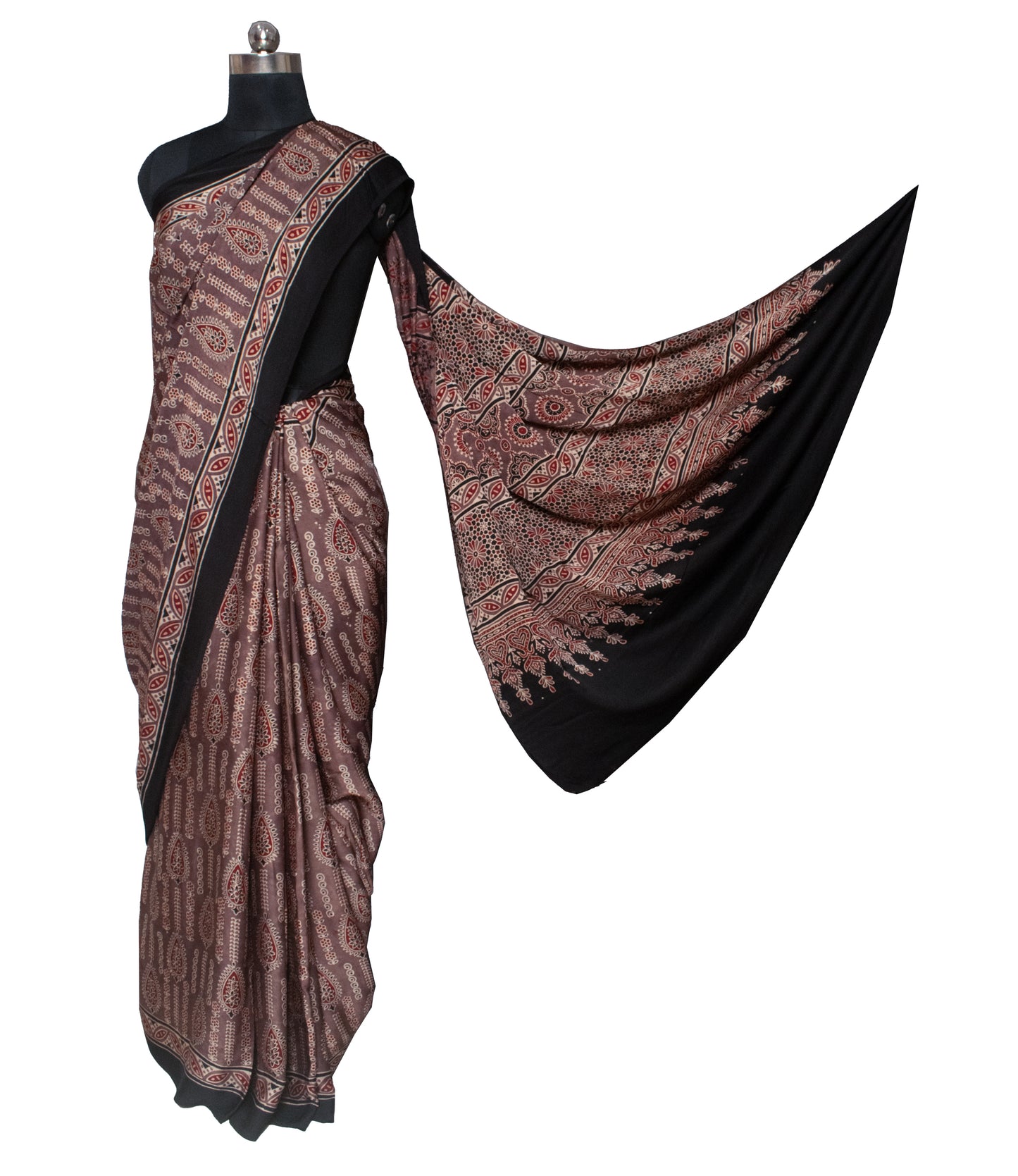 Ajrakh Modal Silk Natural Dye Hand Block Print Saree with Blouse Piece - 6 Mtr Length    -  SKU : ID2460AW