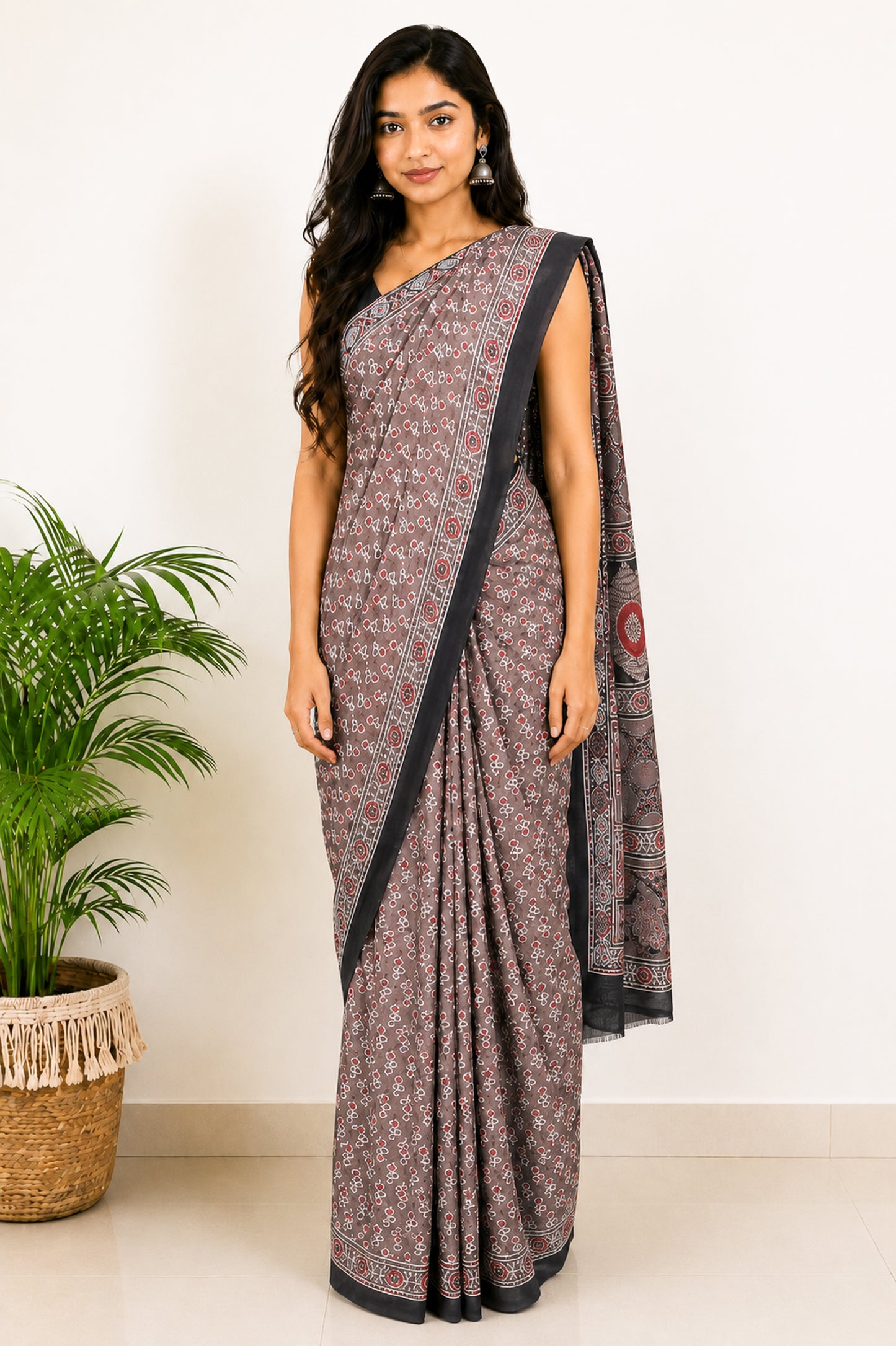 Ajrakh Modal Silk Natural Dye Hand Block Print Saree with Blouse Piece - 5.5 Mtr Length   -  SKU : SI03601F