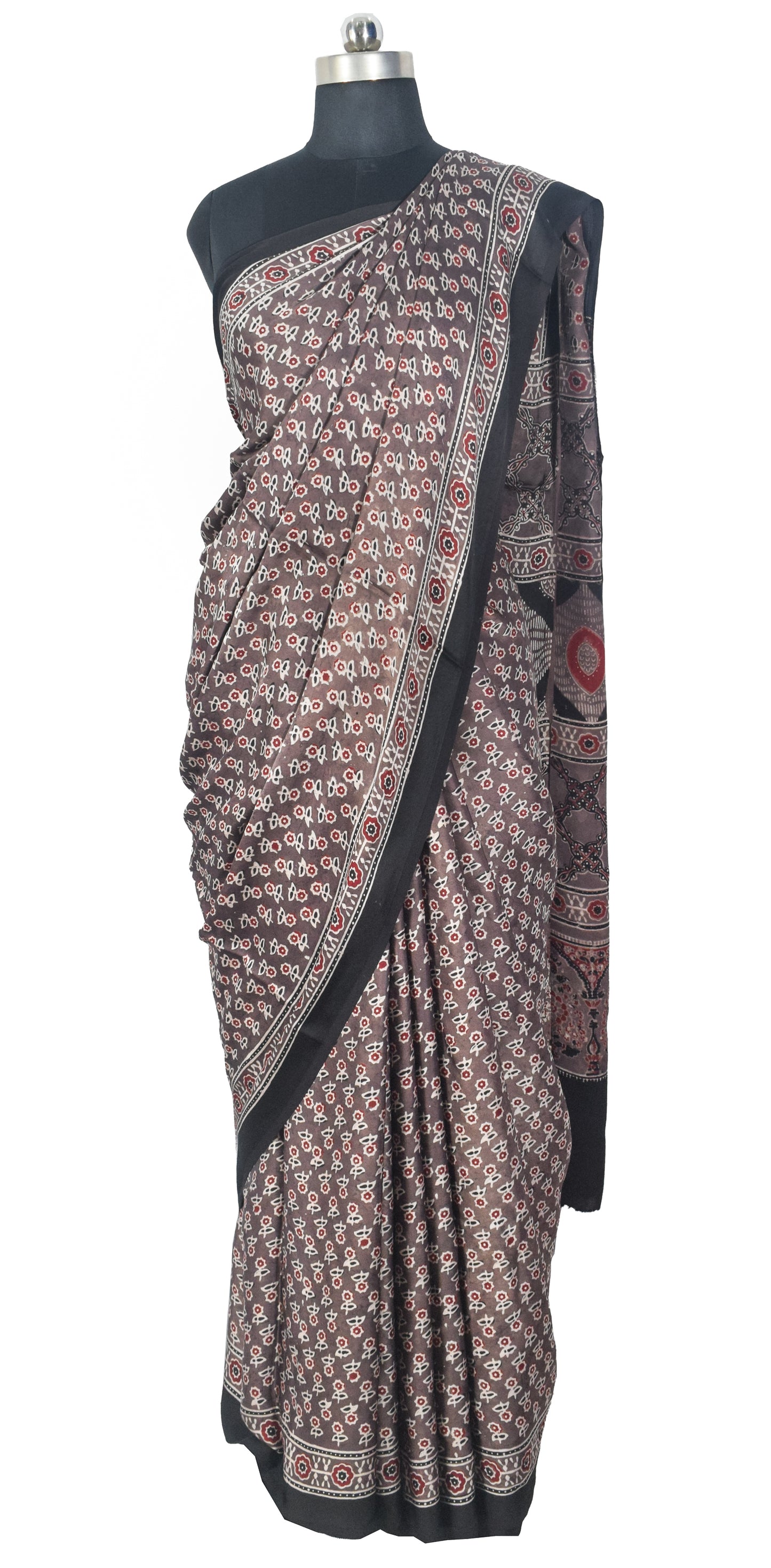 Ajrakh Modal Silk Natural Dye Hand Block Print Saree with Blouse Piece - 5.5 Mtr Length   -  SKU : SI03601F