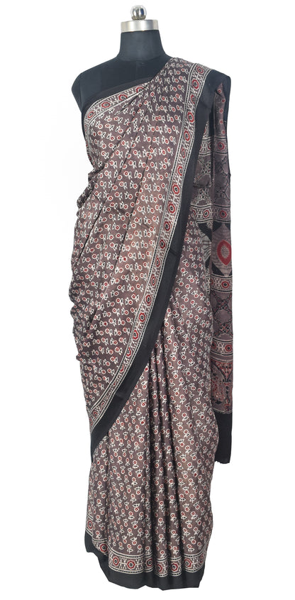 Ajrakh Modal Silk Natural Dye Hand Block Print Saree with Blouse Piece - 5.5 Mtr Length   -  SKU : SI03601F