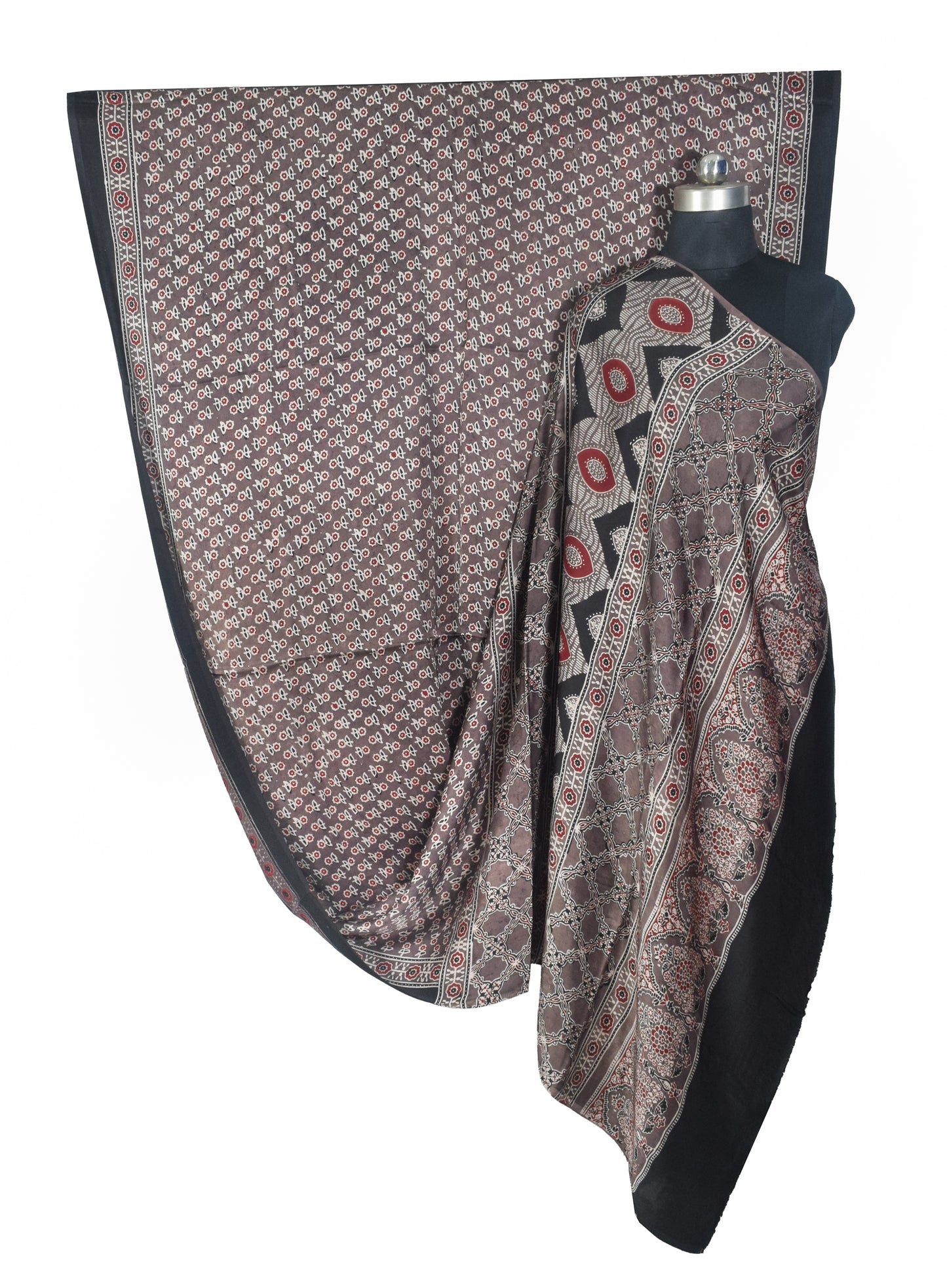 Ajrakh Modal Silk Natural Dye Hand Block Print Saree with Blouse Piece - 5.5 Mtr Length   -  SKU : SI03601F
