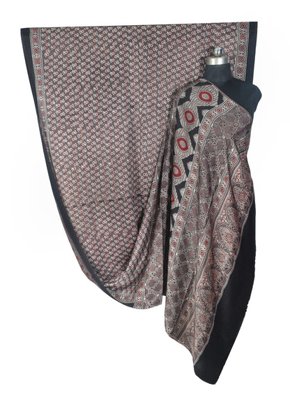 Ajrakh Modal Silk Natural Dye Hand Block Print Saree with Blouse Piece - 5.5 Mtr Length   -  SKU : SI03601F