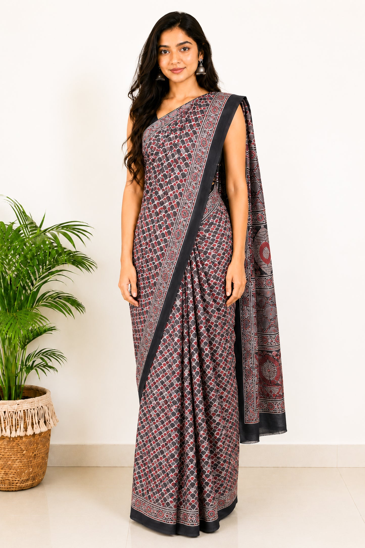 Ajrakh Modal Silk Natural Dye Hand Block Print Saree with Blouse Piece - 5.5 Mtr Length   -  SKU : SI03601G