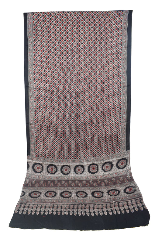 Ajrakh Modal Silk Natural Dye Hand Block Print Saree with Blouse Piece - 5.5 Mtr Length   -  SKU : SI03601G
