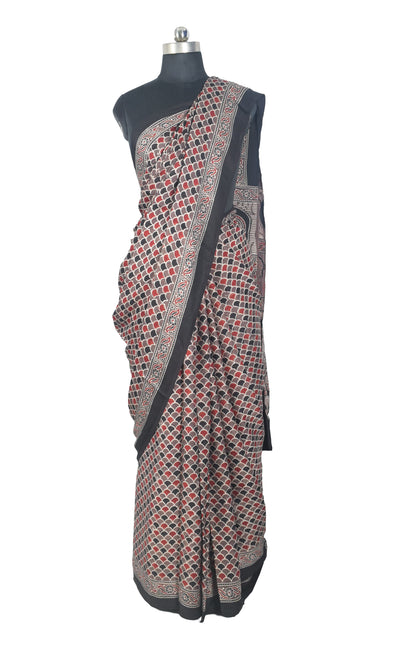 Ajrakh Modal Silk Natural Dye Hand Block Print Saree with Blouse Piece - 5.5 Mtr Length   -  SKU : SI03601G