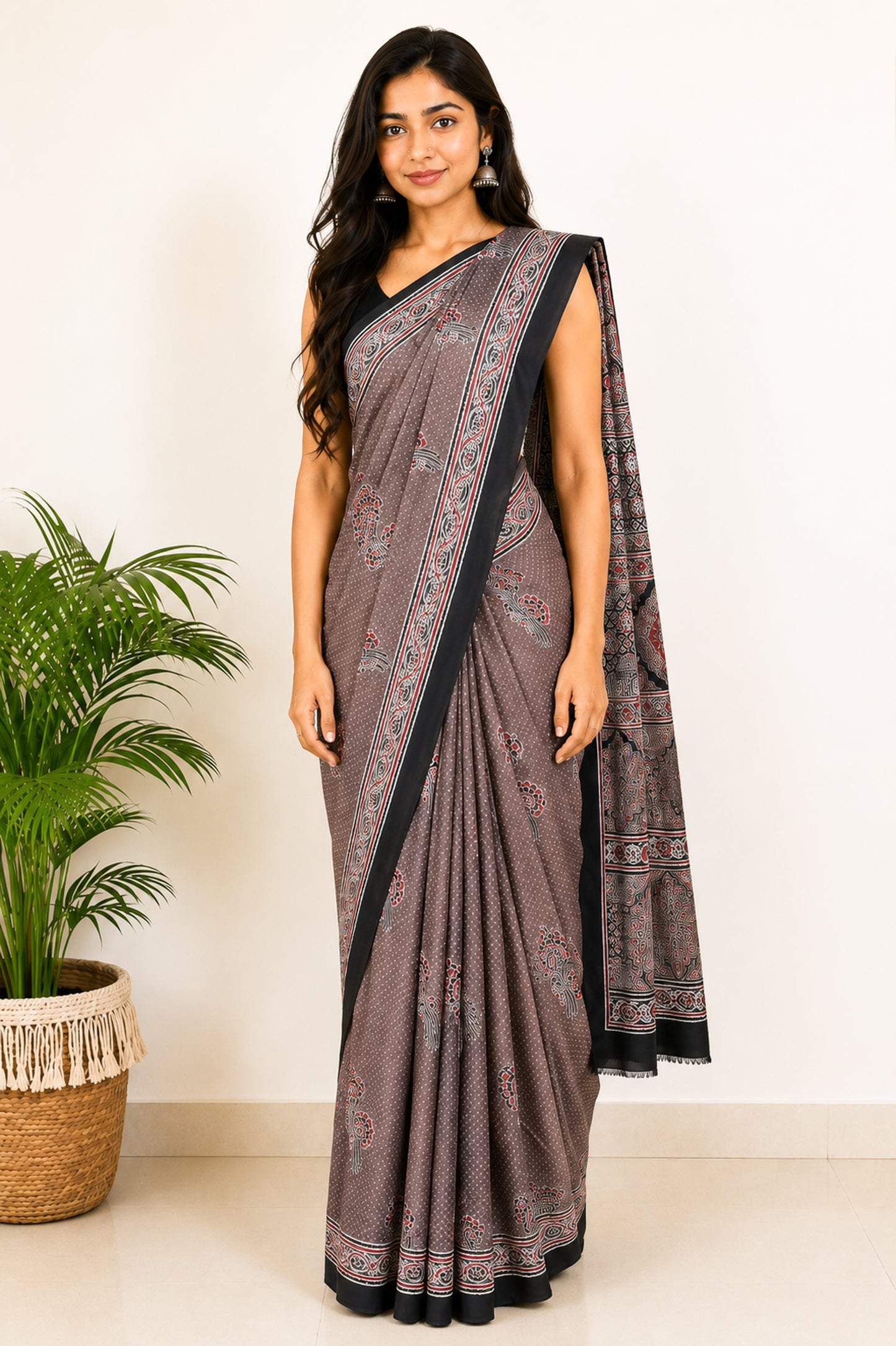Ajrakh Modal Silk Natural Dye Hand Block Print Saree with Blouse Piece - 5.5 Mtr Length   -  SKU : SI03601M