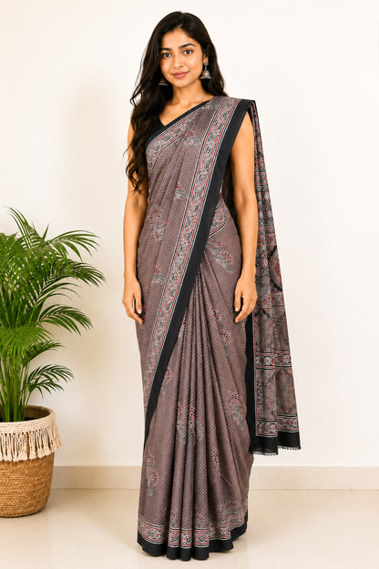 Ajrakh Modal Silk Natural Dye Hand Block Print Saree with Blouse Piece - 5.5 Mtr Length   -  SKU : SI03601M