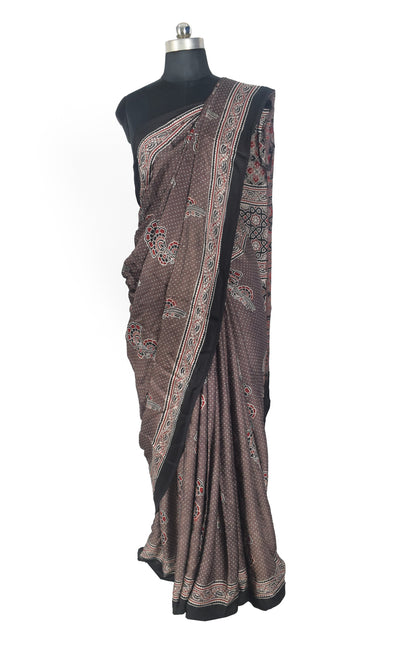 Ajrakh Modal Silk Natural Dye Hand Block Print Saree with Blouse Piece - 5.5 Mtr Length   -  SKU : SI03601M