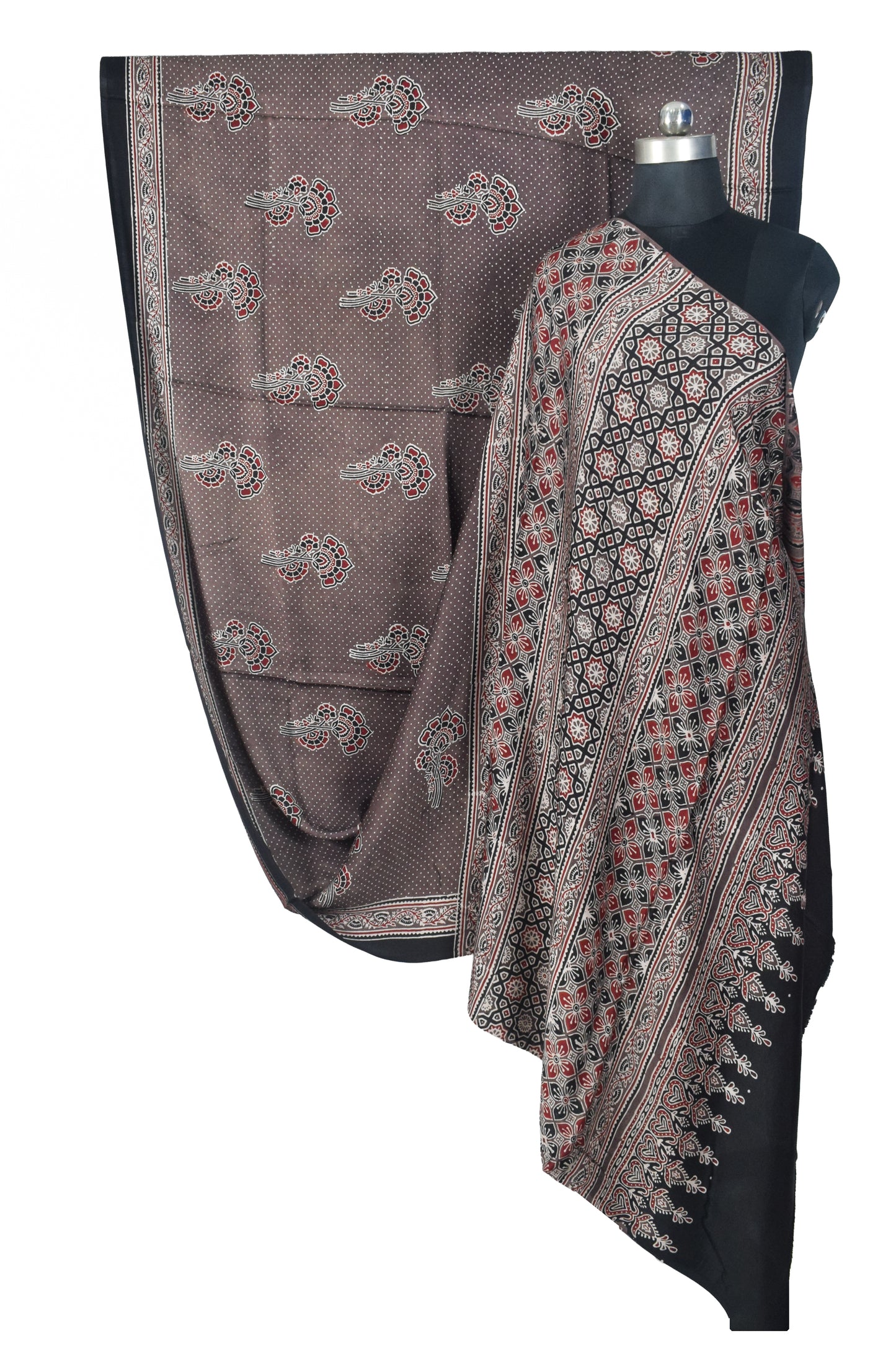Ajrakh Modal Silk Natural Dye Hand Block Print Saree with Blouse Piece - 5.5 Mtr Length   -  SKU : SI03601M