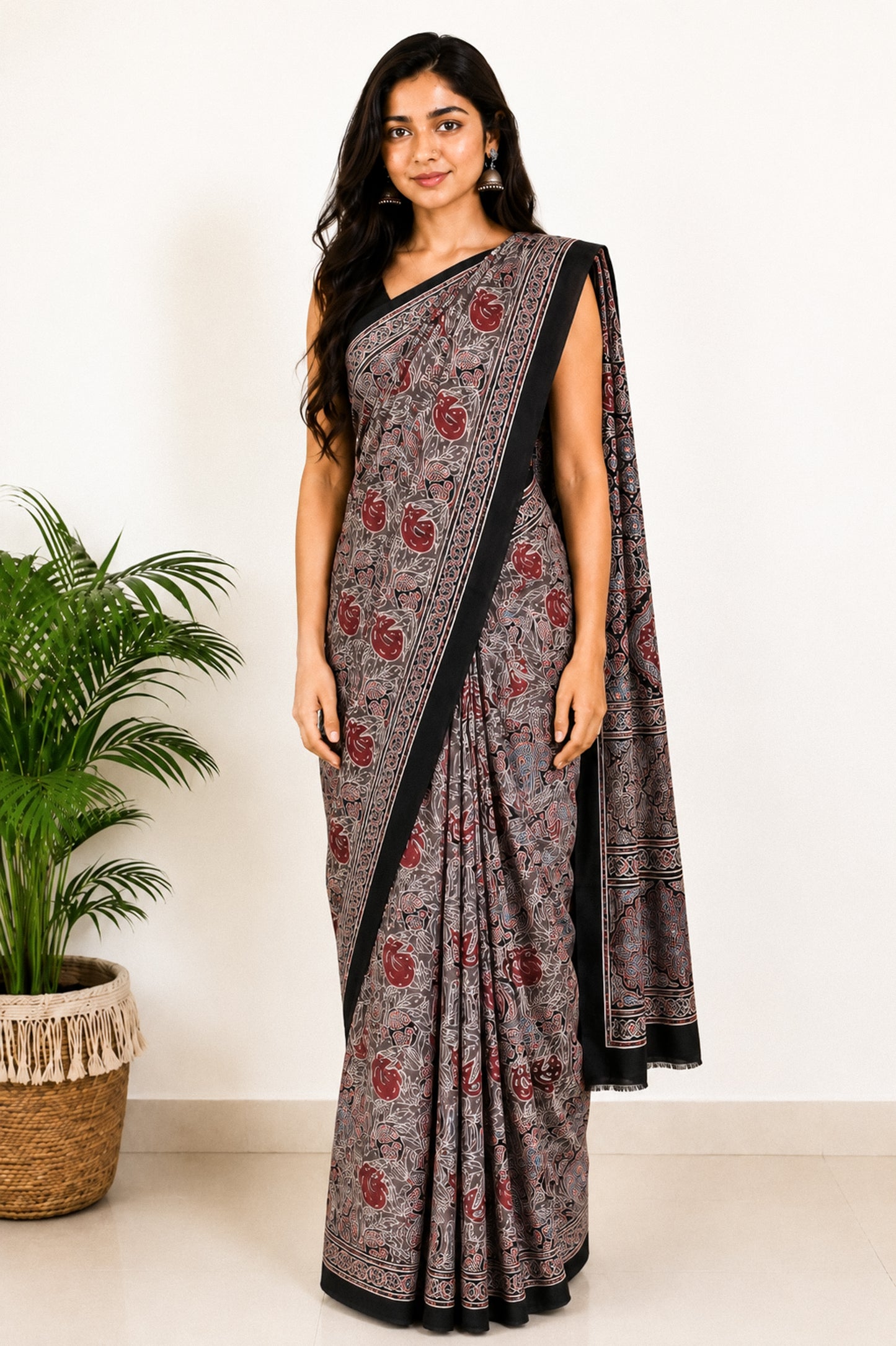 Ajrakh Modal Silk Natural Dye Hand Block Print Saree with Blouse Piece - 5.5 Mtr Length   -  SKU : SI03601R
