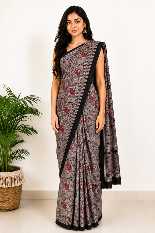 Ajrakh Modal Silk Natural Dye Hand Block Print Saree with Blouse Piece - 5.5 Mtr Length   -  SKU : SI03601R