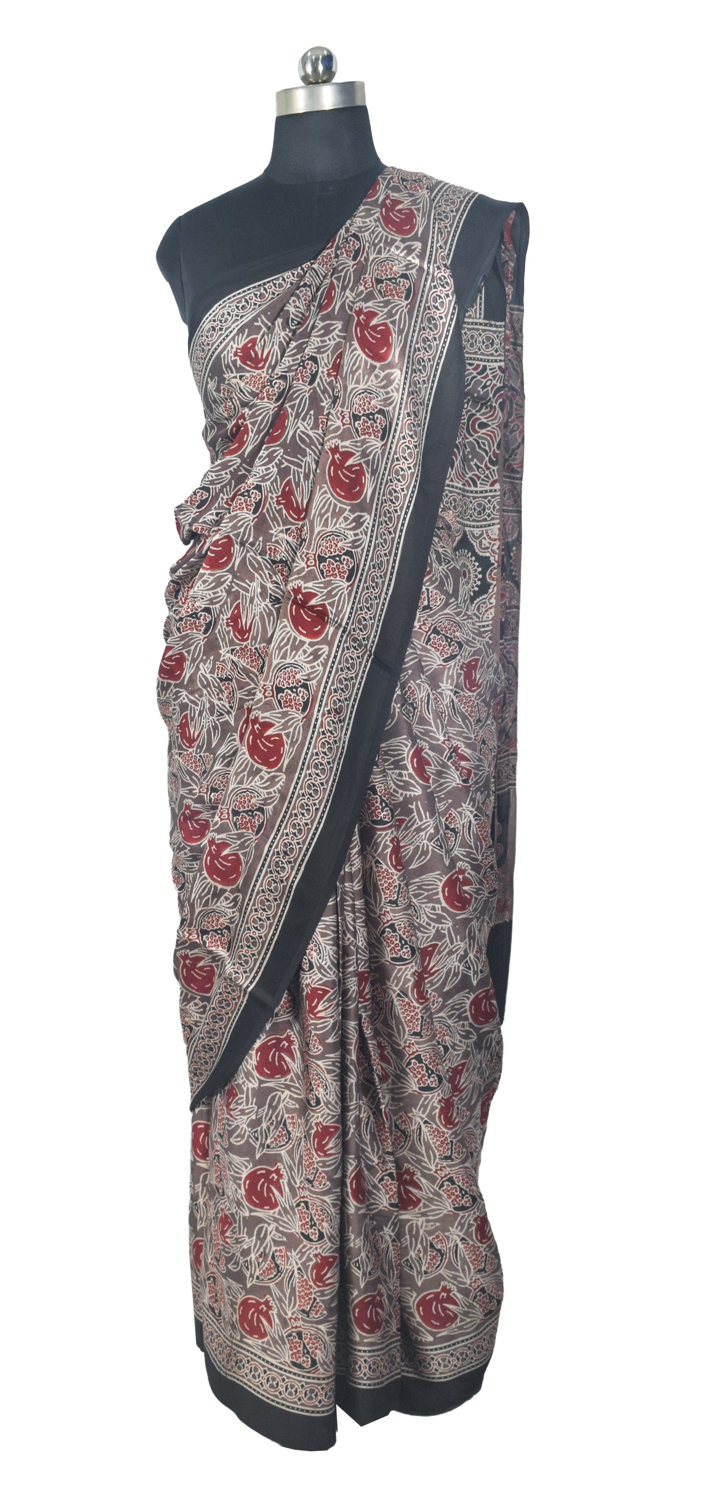 Ajrakh Modal Silk Natural Dye Hand Block Print Saree with Blouse Piece - 5.5 Mtr Length   -  SKU : SI03601R