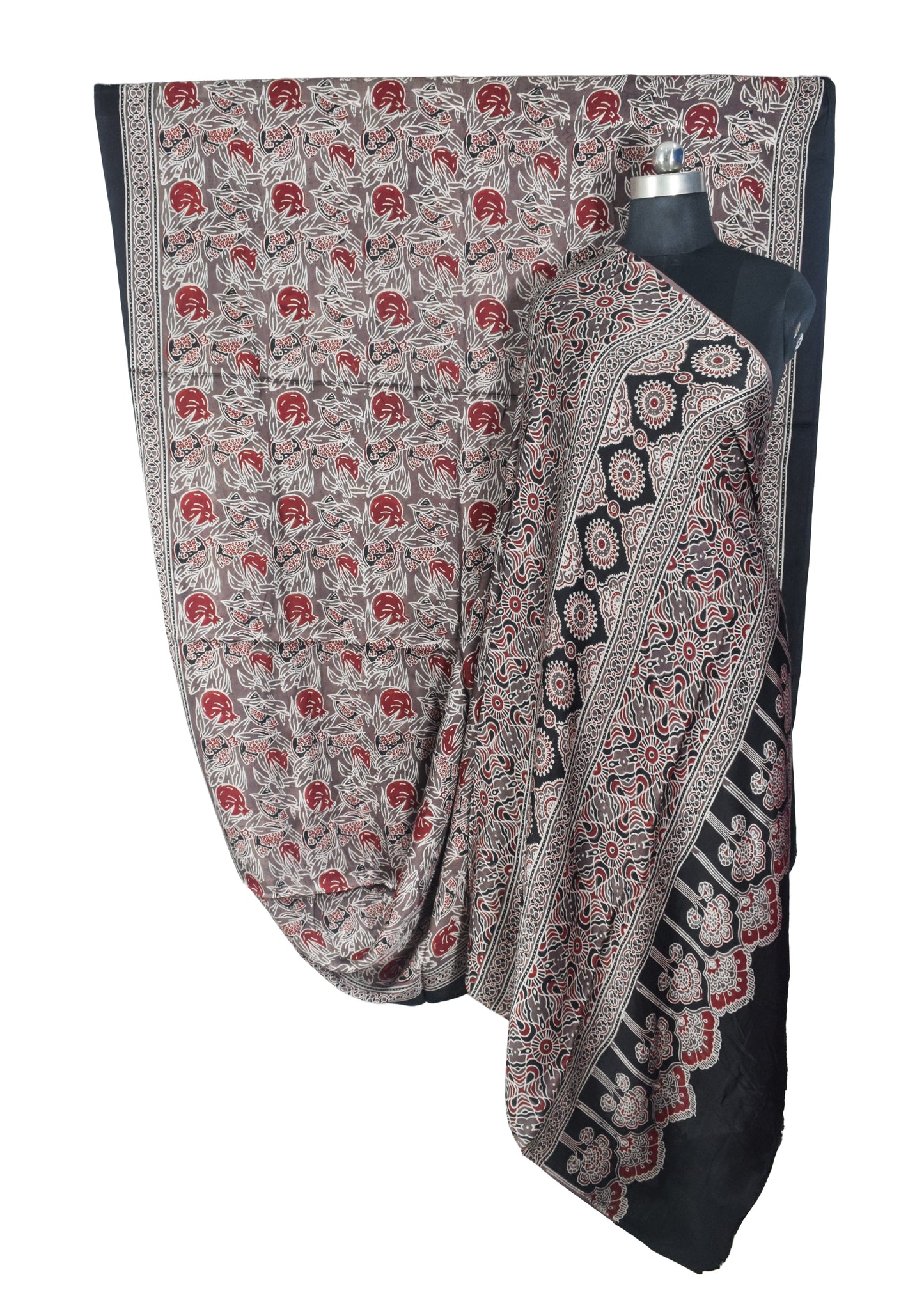 Ajrakh Modal Silk Natural Dye Hand Block Print Saree with Blouse Piece - 5.5 Mtr Length   -  SKU : SI03601R