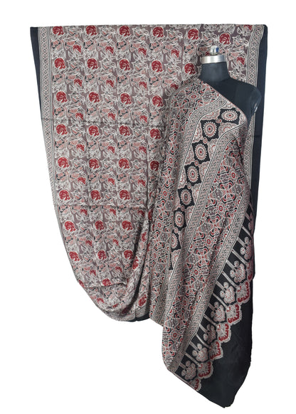 Ajrakh Modal Silk Natural Dye Hand Block Print Saree with Blouse Piece - 5.5 Mtr Length   -  SKU : SI03601R