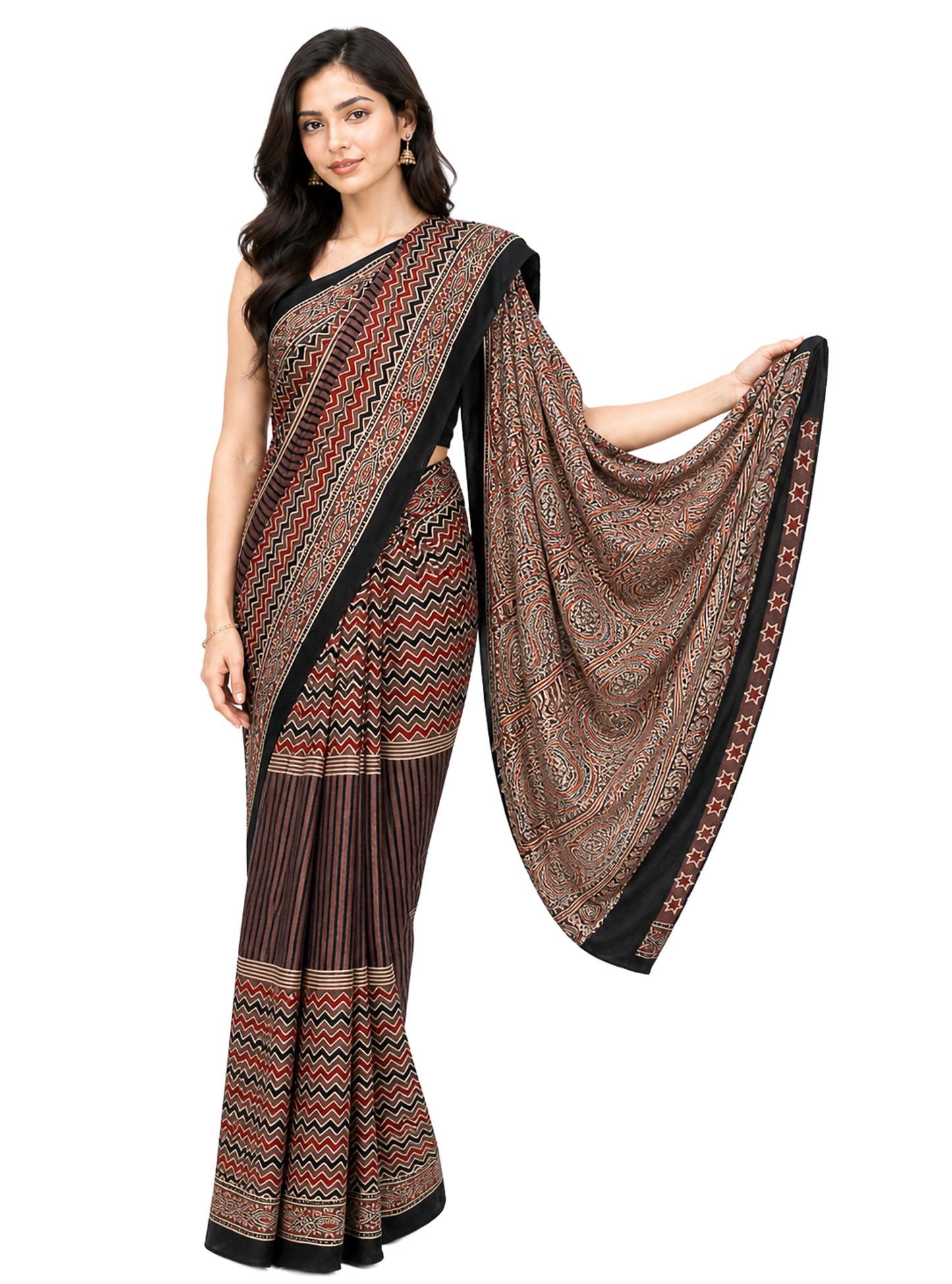 Ajrakh Modal Silk Natural Dye Hand Block Print Saree with Blouse Piece - 5.5 Mtr Length    -  SKU : ZD27901A