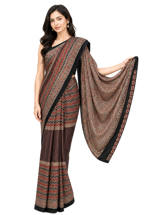 Ajrakh Modal Silk Natural Dye Hand Block Print Saree with Blouse Piece - 5.5 Mtr Length    -  SKU : ZD27901A