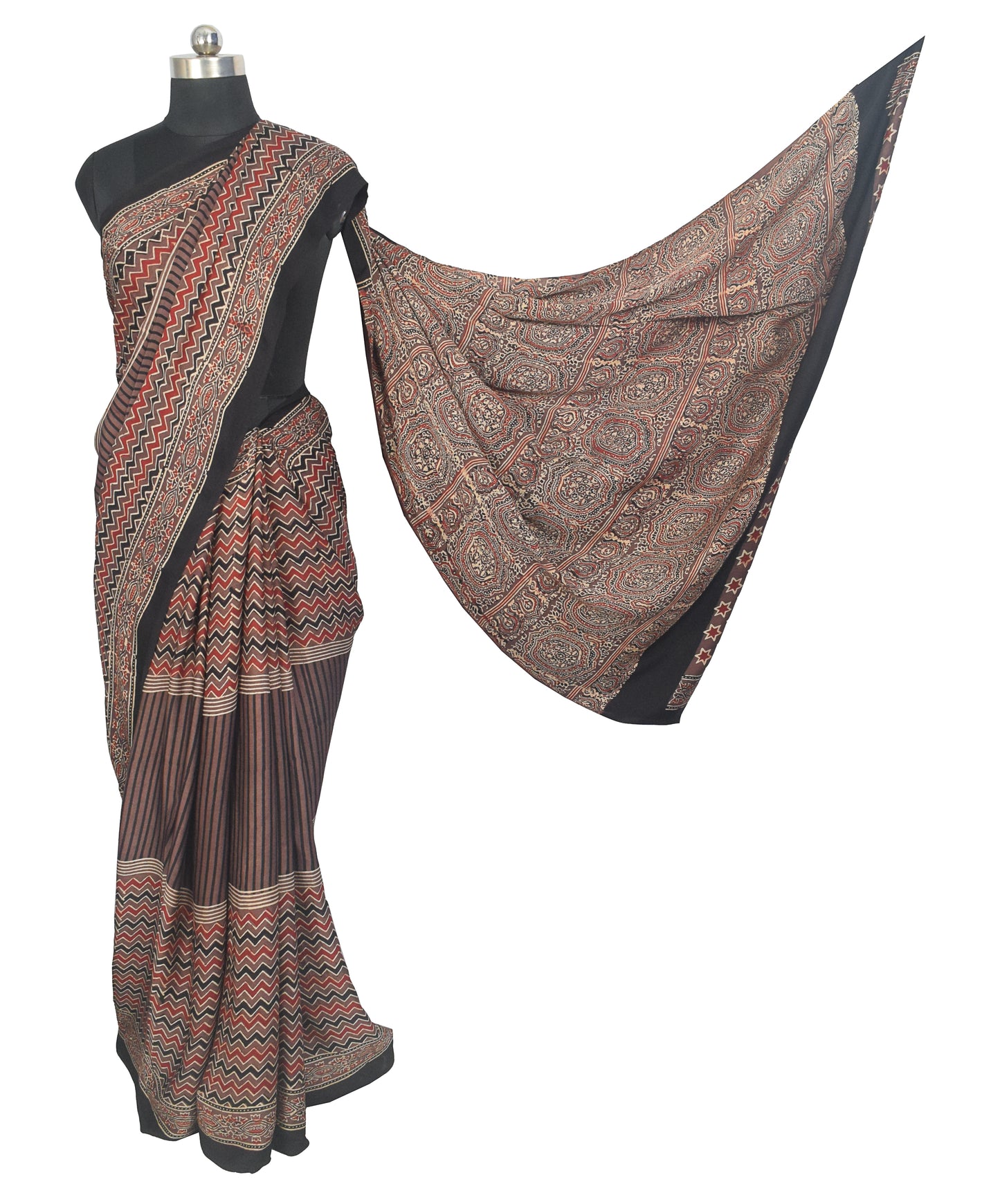 Ajrakh Modal Silk Natural Dye Hand Block Print Saree with Blouse Piece - 5.5 Mtr Length    -  SKU : ZD27901A