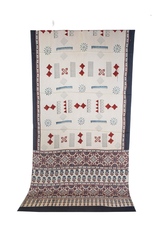 Ajrakh Modal Silk Natural Dye Hand Block Print Saree with Blouse Piece - 5.5 Mtr Length    -  SKU : AI27A01A