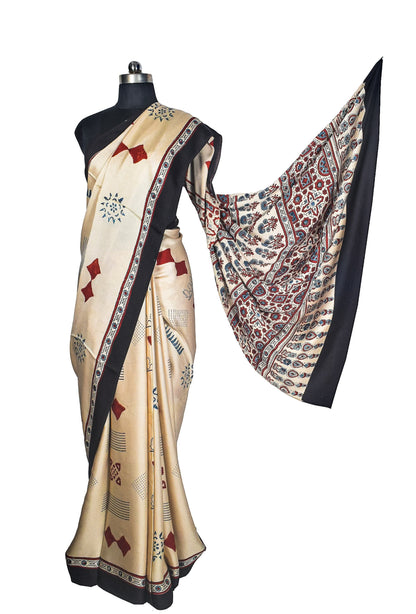 Ajrakh Modal Silk Natural Dye Hand Block Print Saree with Blouse Piece - 5.5 Mtr Length    -  SKU : AI27A01A