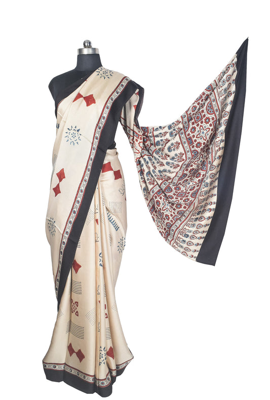 Ajrakh Modal Silk Natural Dye Hand Block Print Saree with Blouse Piece - 5.5 Mtr Length    -  SKU : AI27A01A