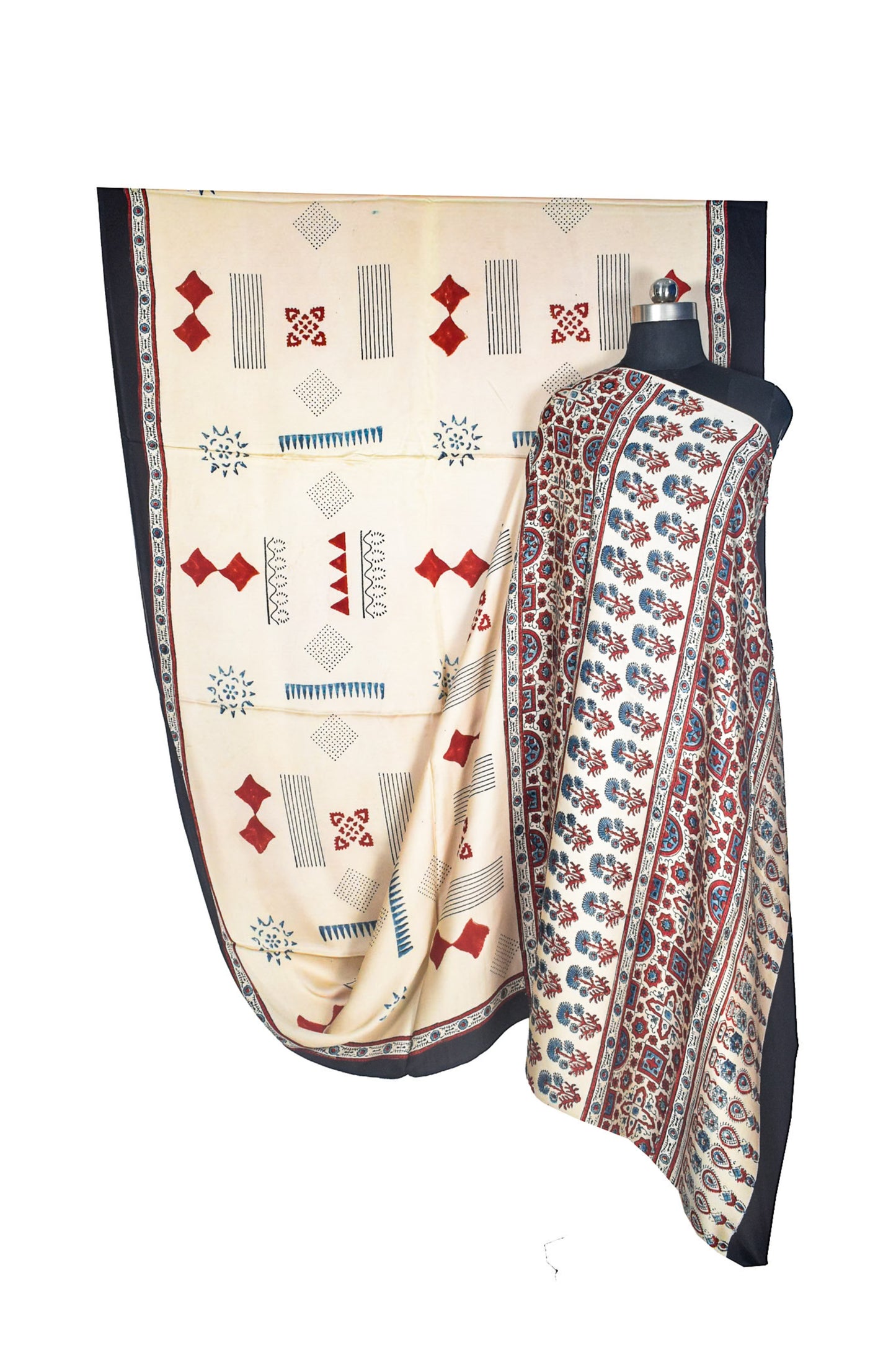 Ajrakh Modal Silk Natural Dye Hand Block Print Saree with Blouse Piece - 5.5 Mtr Length    -  SKU : AI27A01A