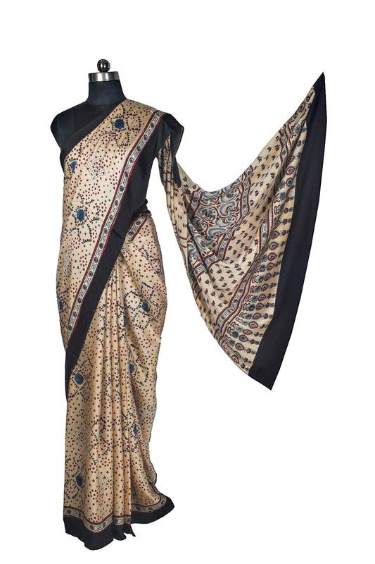 Ajrakh Modal Silk Natural Dye Hand Block Print Saree with Blouse Piece - 5.5 Mtr Length    -  SKU : AI27A01B