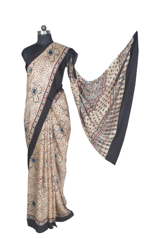 Ajrakh Modal Silk Natural Dye Hand Block Print Saree with Blouse Piece - 5.5 Mtr Length    -  SKU : AI27A01B
