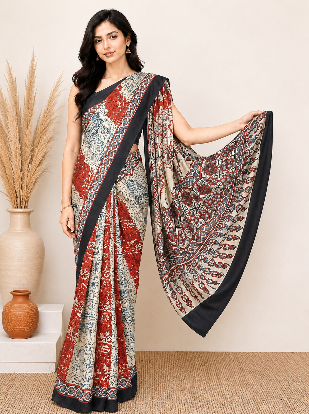 Ajrakh Modal Silk Natural Dye Hand Block Print Saree with Blouse Piece - 5.5 Mtr Length    -  SKU : AI27A01C