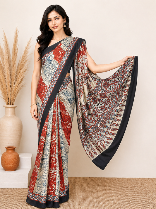 Ajrakh Modal Silk Natural Dye Hand Block Print Saree with Blouse Piece - 5.5 Mtr Length    -  SKU : AI27A01C