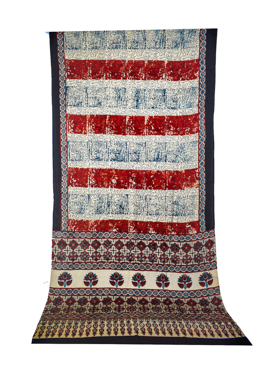 Ajrakh Modal Silk Natural Dye Hand Block Print Saree with Blouse Piece - 5.5 Mtr Length    -  SKU : AI27A01C