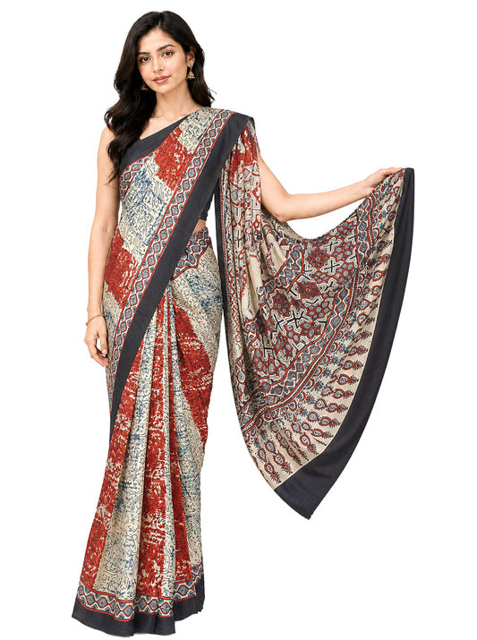 Ajrakh Modal Silk Natural Dye Hand Block Print Saree with Blouse Piece - 5.5 Mtr Length    -  SKU : AI27A01C