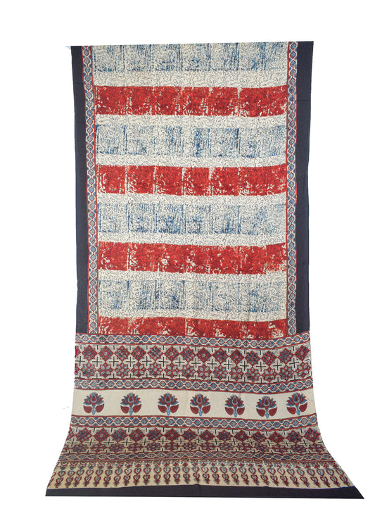 Ajrakh Modal Silk Natural Dye Hand Block Print Saree with Blouse Piece - 5.5 Mtr Length    -  SKU : AI27A01C