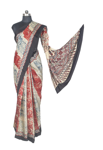 Ajrakh Modal Silk Natural Dye Hand Block Print Saree with Blouse Piece - 5.5 Mtr Length    -  SKU : AI27A01C