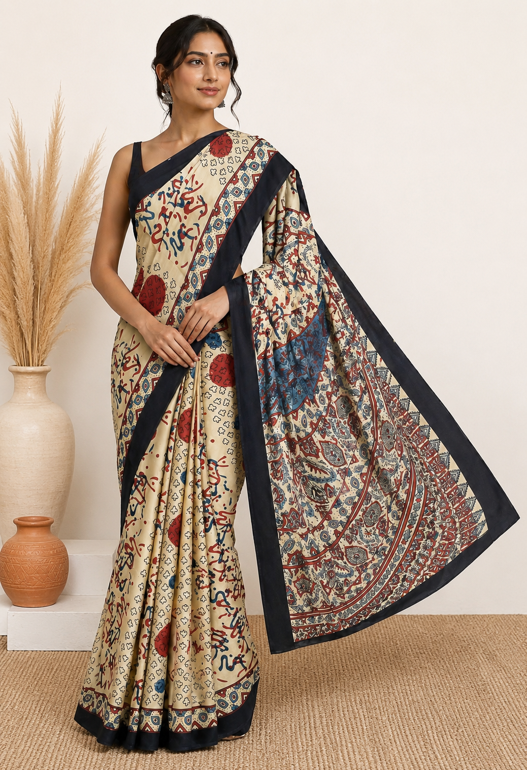 Ajrakh Modal Silk Natural Dye Hand Block Print Saree with Blouse Piece - 5.5 Mtr Length    -  SKU : AI27A01D