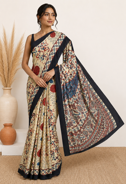 Ajrakh Modal Silk Natural Dye Hand Block Print Saree with Blouse Piece - 5.5 Mtr Length    -  SKU : AI27A01D