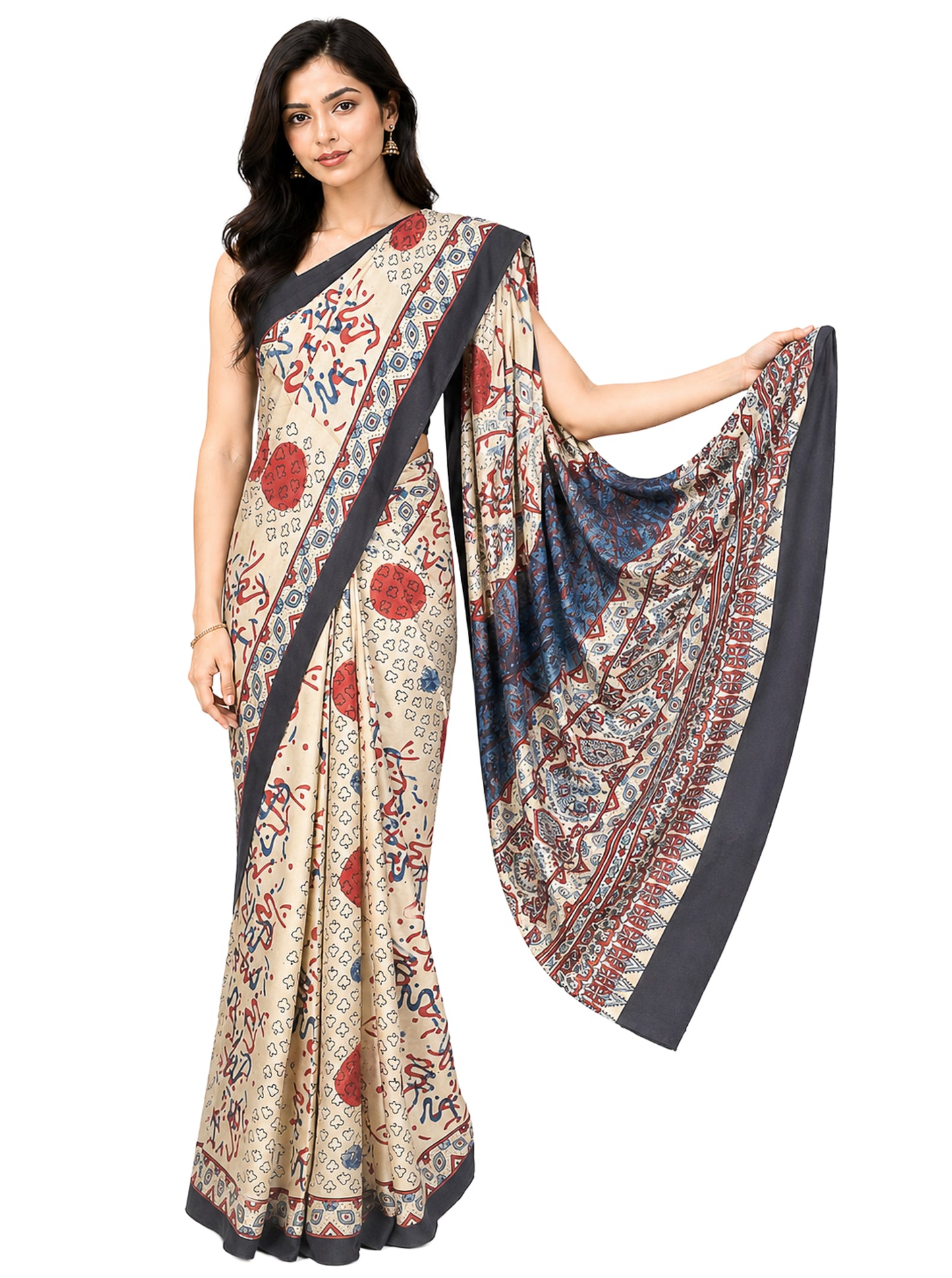 Ajrakh Modal Silk Natural Dye Hand Block Print Saree with Blouse Piece - 5.5 Mtr Length    -  SKU : AI27A01D