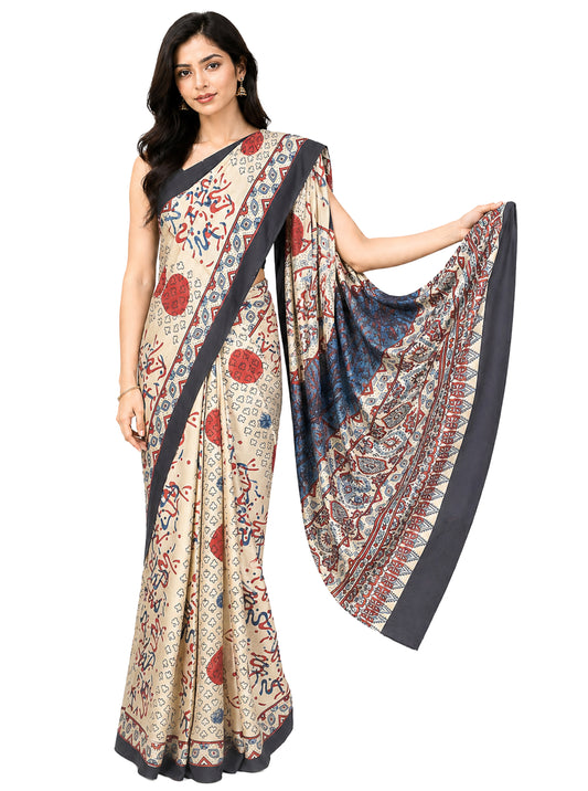 Ajrakh Modal Silk Natural Dye Hand Block Print Saree with Blouse Piece - 5.5 Mtr Length    -  SKU : AI27A01D