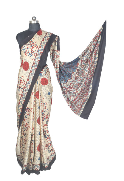 Ajrakh Modal Silk Natural Dye Hand Block Print Saree with Blouse Piece - 5.5 Mtr Length    -  SKU : AI27A01D