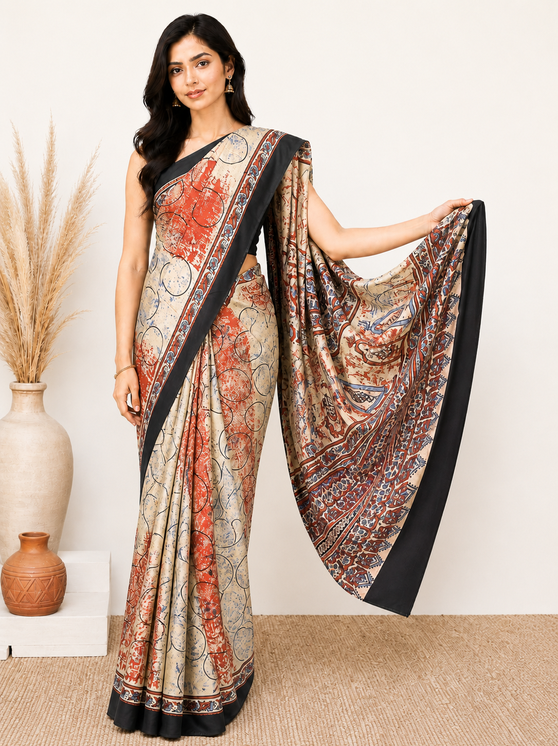 Ajrakh Modal Silk Natural Dye Hand Block Print Saree with Blouse Piece - 5.5 Mtr Length    -  SKU : AI27A01E