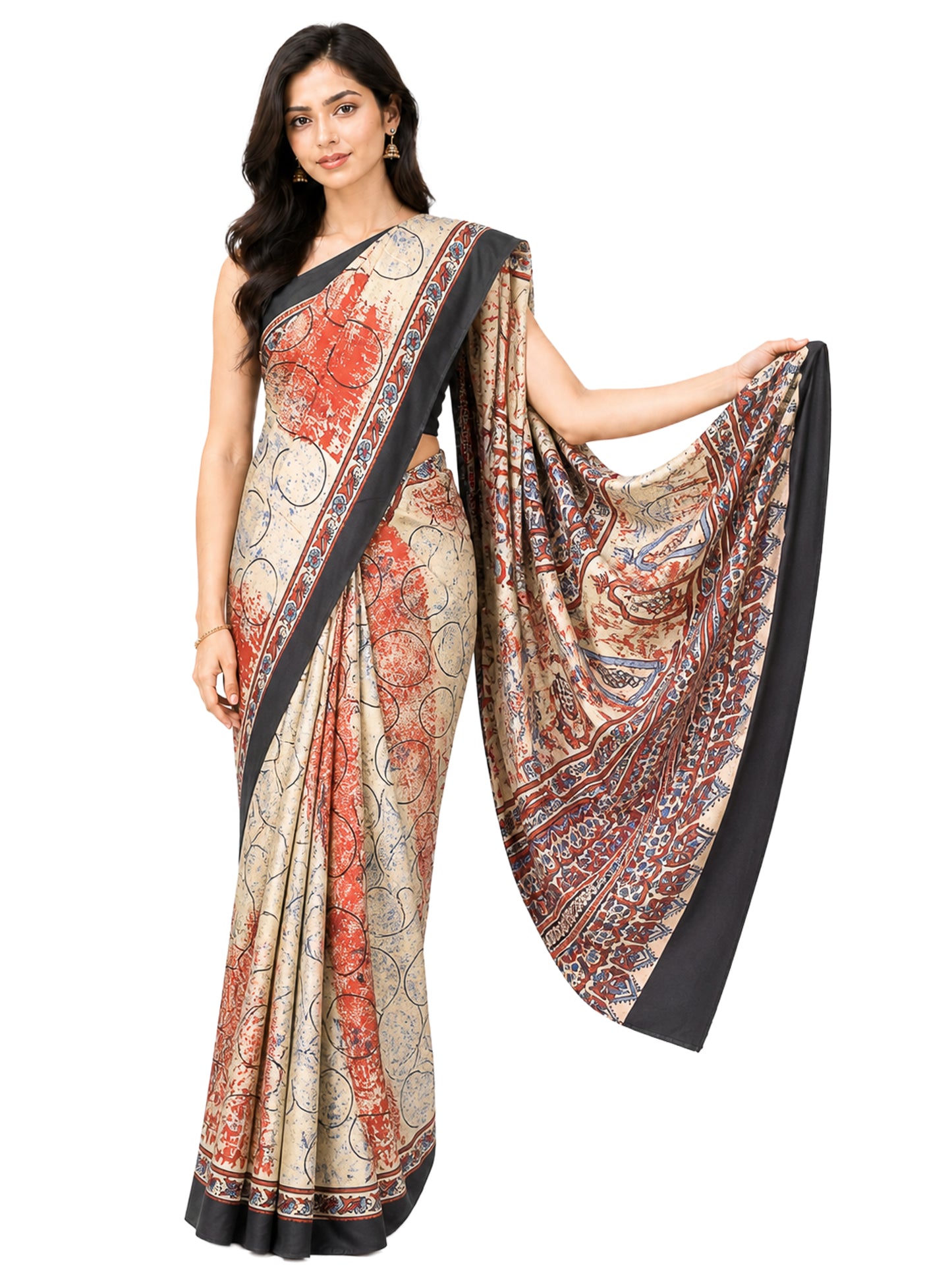Ajrakh Modal Silk Natural Dye Hand Block Print Saree with Blouse Piece - 5.5 Mtr Length    -  SKU : AI27A01E