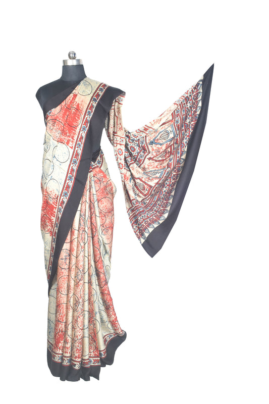 Ajrakh Modal Silk Natural Dye Hand Block Print Saree with Blouse Piece - 5.5 Mtr Length    -  SKU : AI27A01E