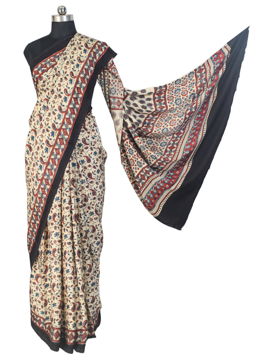 Ajrakh Modal Silk Natural Dye Hand Block Print Saree with Blouse Piece - 5.5 Mtr Length    -  SKU : MS17301D