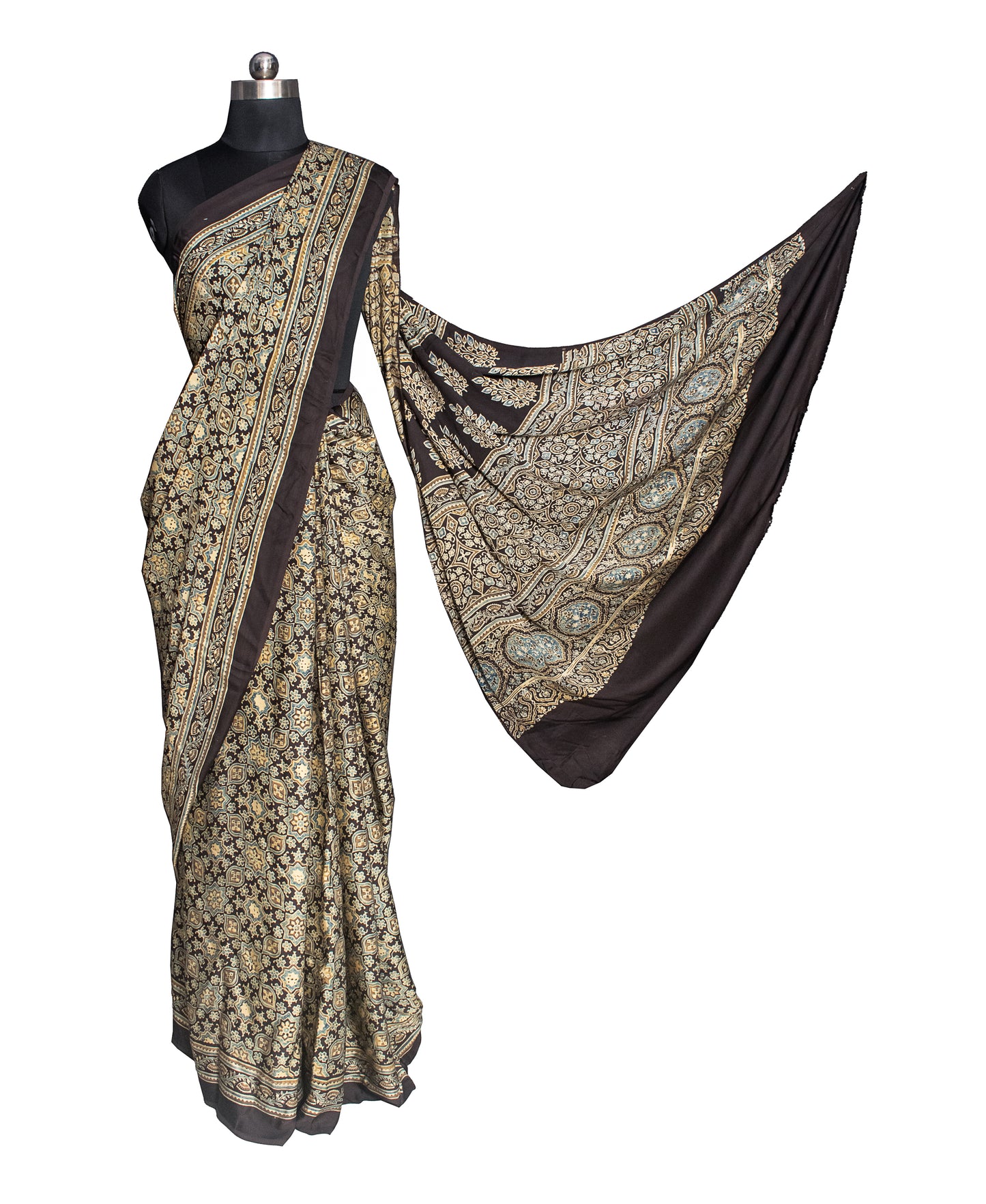 Ajrakh Modal Silk Natural Dye Hand Block Print Saree with Blouse Piece - 5.5 Mtr Length    -  SKU : ID01901A