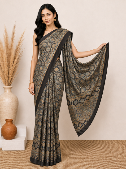 Ajrakh Modal Silk Natural Dye Hand Block Print Saree 5.5 Mtr Length + 0.85 Mtr Blouse Piece    -  SKU : ID24601F